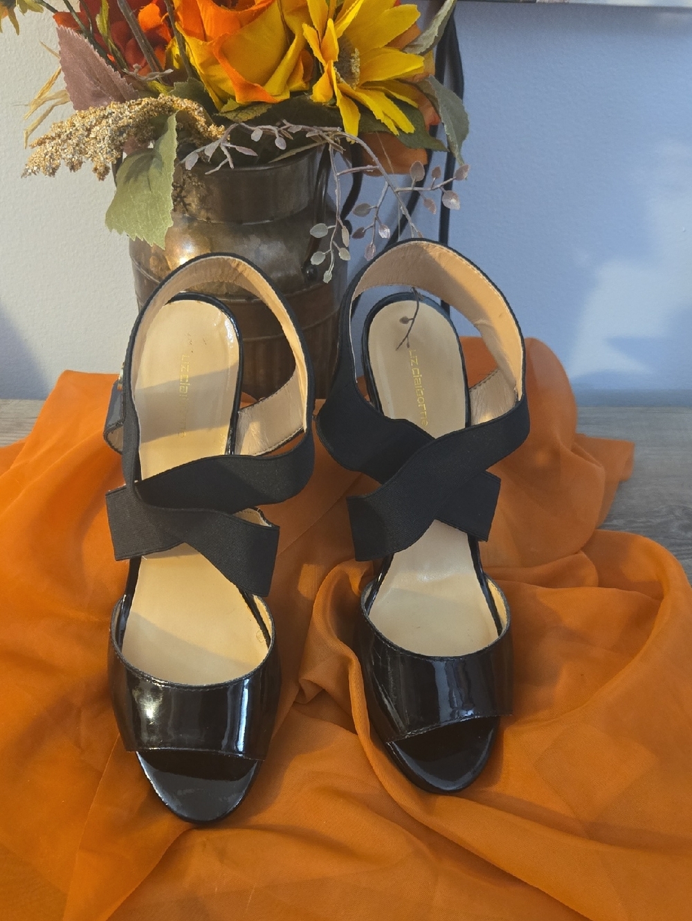 Liz Claiborne Black Patent Slingback Heels with Elastic Cross Straps